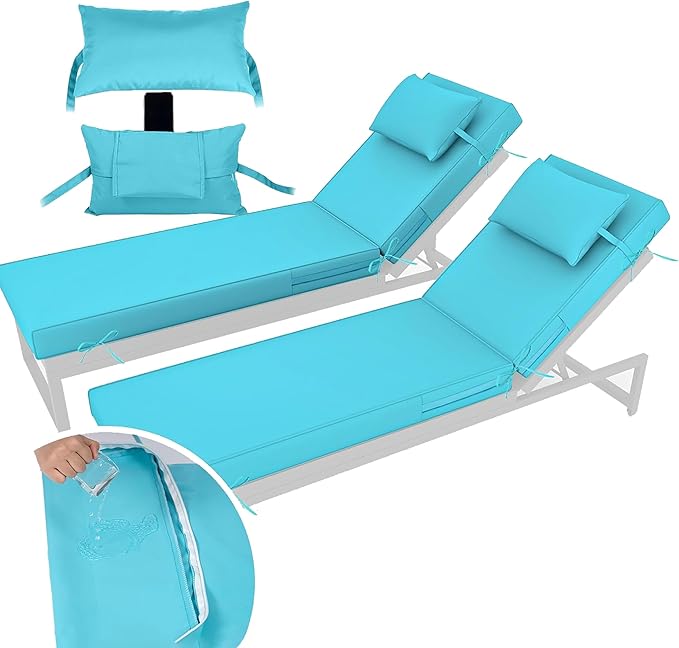 Chaise Lounge Cushions Outdoor Set of 2 Lounge Chair Cushion 80" L x 26" W with Headrest Straps 3'' Thick Waterproof Patio Chaise Cushions Pool Lounger Chair Cushion(Lake Blue)