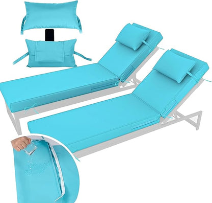 Chaise Lounge Cushions Outdoor Set of 2 Lounge Chair Cushion 80" L x 26" W with Headrest Straps 3'' Thick Waterproof Patio Chaise Cushions Pool Lounger Chair Cushion(Lake Blue)