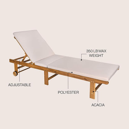JONATHAN Y Mallorca 23.62" x 77.17" Acacia Wood Chaise Lounge, Beige | 5-Position Reclining Back, Foldable Frame, Dual Rear Wheels, Included Cushion, Teak Brown Finish, Armless Slat, Coastal Style
