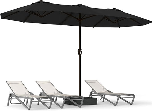 15FT Large Patio Umbrella with Base, Double Sided Rectangular Outdoor Umbrella with Sturdy Fiberglass Ribs, UPF 50+ Sun Protection, Wind-Resistant, Waterproof Fade-Resistant Fabric for Pool, Garden, Backyard, Deck(Black)
