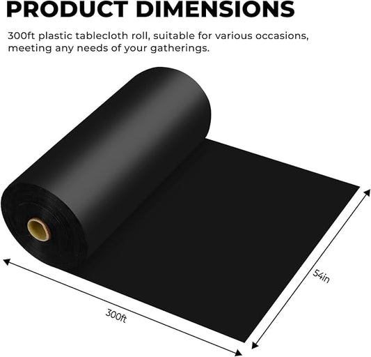 54 Inch X 300 Feet Plastic Table Cover Roll Premium Disposable Plastic Tablecloth for All Type/Shape Tables | Picnic, Party, Banquet, Birthdays, Weddings (Black, 54 Inch X 300 Feet)