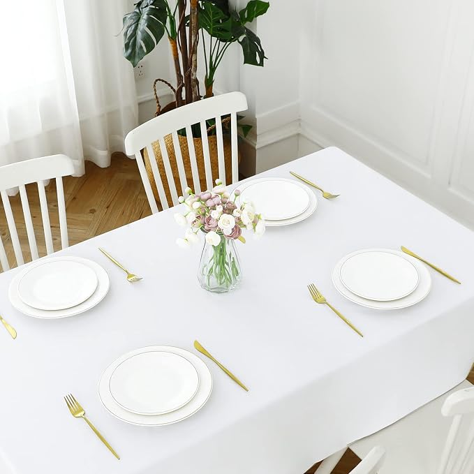 Romanstile 100% Waterproof Rectangle PVC Tablecloth, Oil Spill Proof Vinyl Table Cloth, Heavy Duty Wipe Clean Plastic Table Covers for Kitchen/Dining/Parties - 52 x 70 Inch, White
