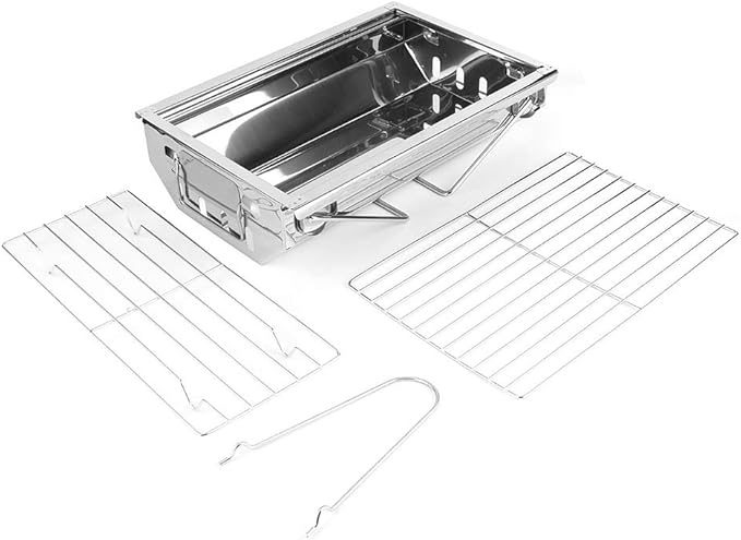 Folding Charcoal Grill Stainless Steel BBQ Tool for BBQs, Picnics, and Camping, Easy to Assemble and Clean, Outdoor Cooking Grill for Burgers, Fish, 13.1x8.9x3.1in, Silver