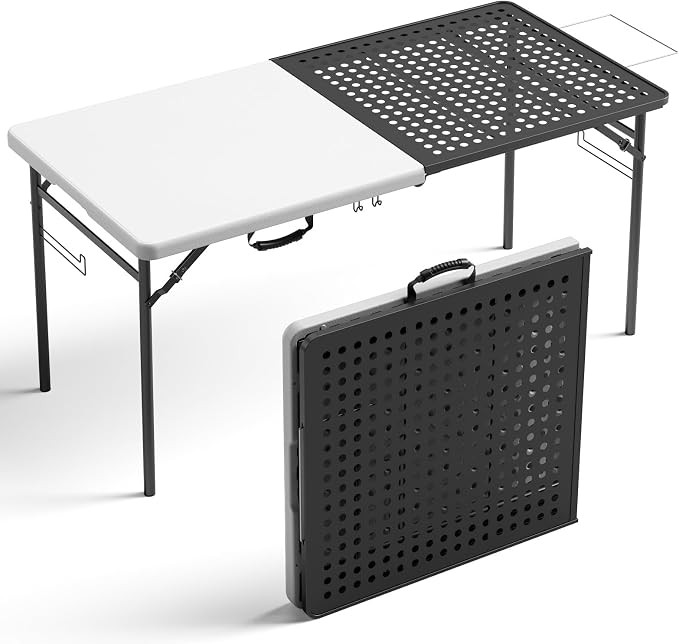 5ft Folding Table for Picnic Camping, Portable Outdoor Table with Metal Grid Grilling Surface, Heavy Duty Foldable Table for Cook Prep,Suitable for Camping, Backyard, Patio and Beach