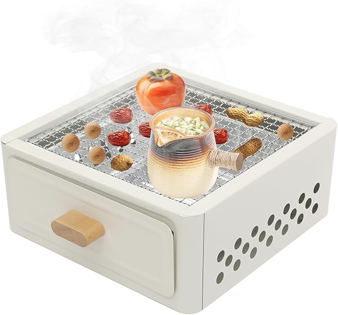 Charcoal Grill, 12.2" Portable Square Tabletop Charcoal Barbecue Grill Lightweight BBQ Yakitori Grill with Net Baking Tray for Outdoor Patio Backyard Barbecue Cooking