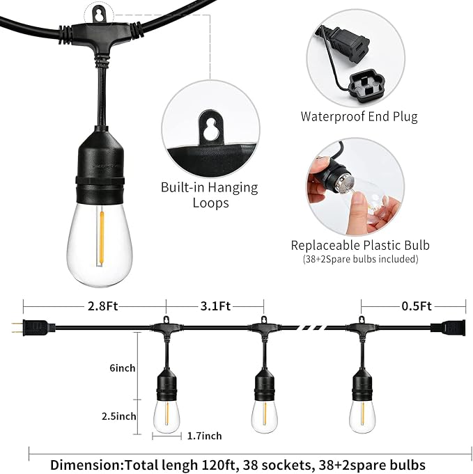 120FT Outdoor String Lights Waterproof with 40 Shatterproof Edison Bulbs | Patio String Lights Bistro Lights Outdoor for Backyard Gazebo Pergola Market