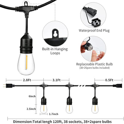 120FT Outdoor String Lights Waterproof with 40 Shatterproof Edison Bulbs | Patio String Lights Bistro Lights Outdoor for Backyard Gazebo Pergola Market