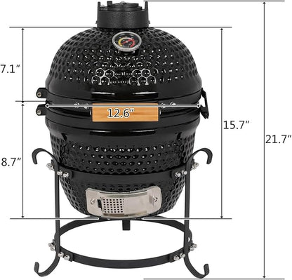 13" Ceramic Grill Round Portable Charcoal Barbecue Grills with Thermometer, Compact BBQ Grill for Garden Backyard Party Picnic Hiking Travel Outdoor Cooking Use, Easy to Assemble, Black