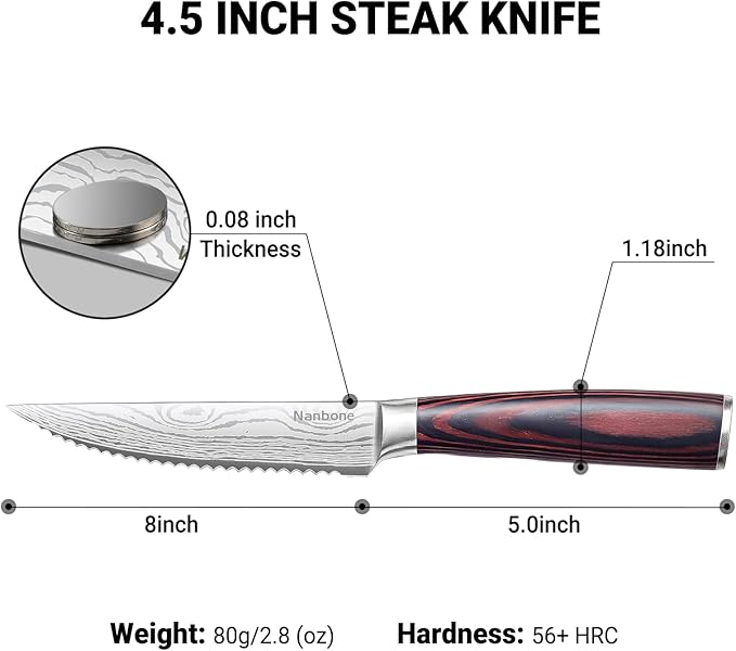 4.5 Inch Serrated Steak Knife - Ultra Sharp Serrated Knife Japanese High Carbon Steel Blade, Ergonomic Handle, Premium Kitchen Cutlery for Steak, BBQ & Outdoor Meals