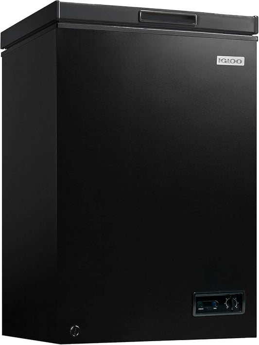 Igloo 3.5 Cu Ft. Upright Deep Freezer Chest- Deep Freezer with Quick Freezing System & Adjustable Thermostat- Low Noise Freezer with Removable Basket & LED Lights for Homes, Garages & Basements- Black