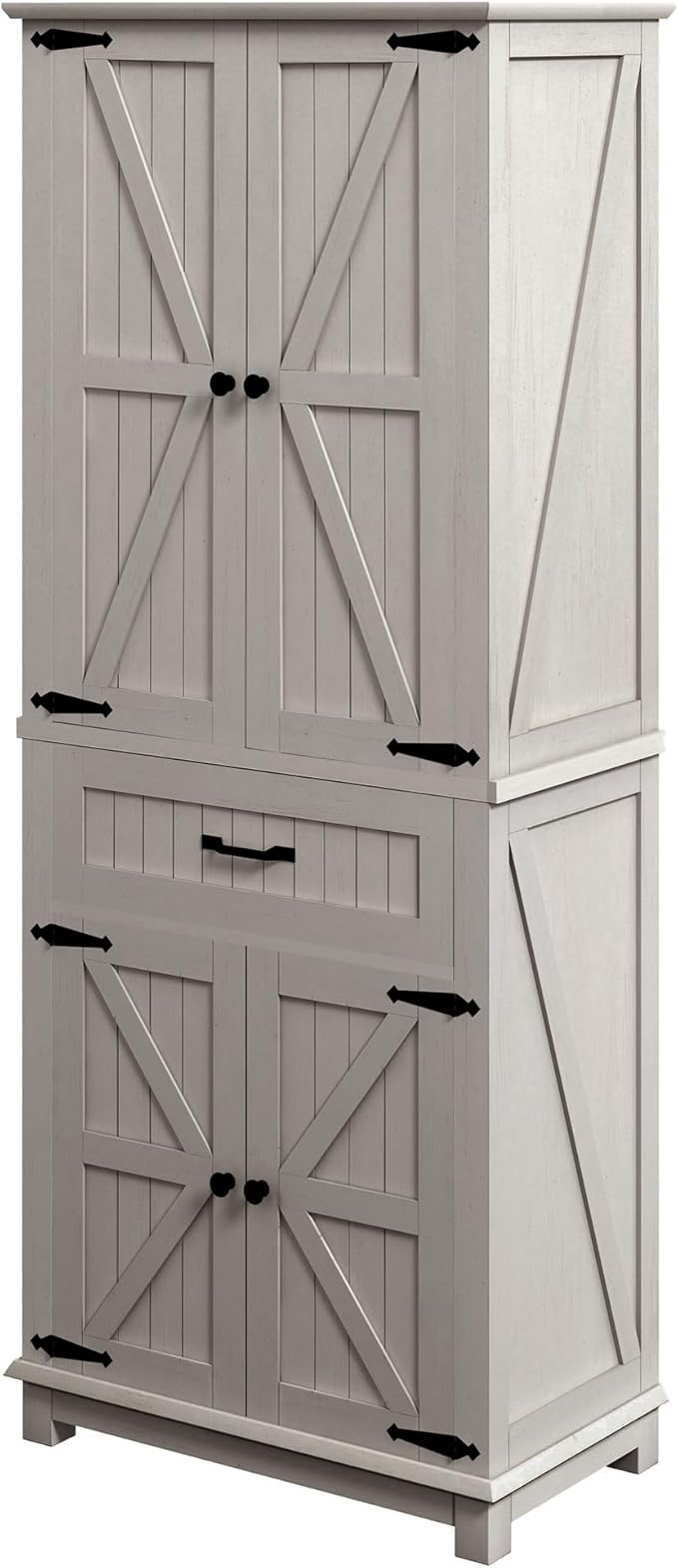 DWVO 72" Tall Farmhouse Pantry Cabinet, Kitchen Storage Pantry with Barn Doors & Drawer, Versatile Organizer with Adjustable Shelves, Rustic Cupboard for Dining Room, Living Room, White Oak | Tall Farmhouse Kitchen Pantry Cabinet, Kitchen Cupboard Vers...