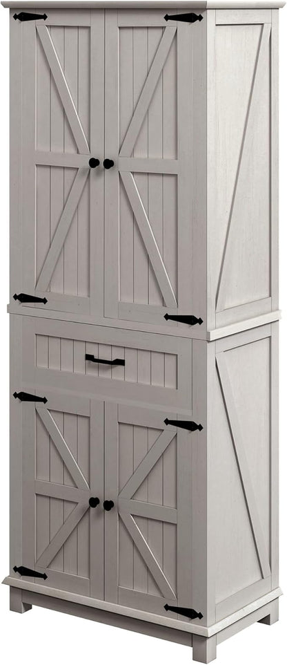 DWVO 72" Tall Farmhouse Pantry Cabinet, Kitchen Storage Pantry with Barn Doors & Drawer, Versatile Organizer with Adjustable Shelves, Rustic Cupboard for Dining Room, Living Room, White Oak | Tall Farmhouse Kitchen Pantry Cabinet, Kitchen Cupboard Vers...
