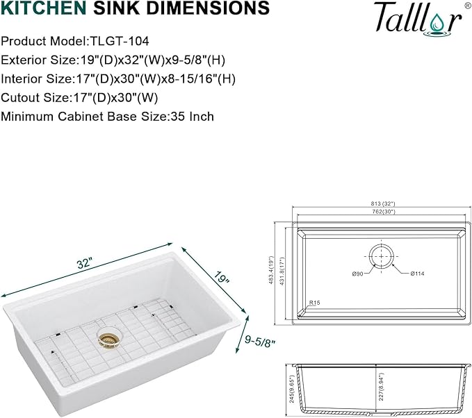 Granite kitchen Sink - 32 Inch White Undermount Kitchen Sink Workstation Single Bowl White Quartz Composite Sinks Basin with Gold Drain Assembly, 32"x19" #TLGU-104