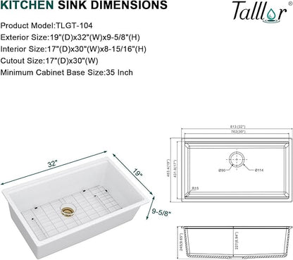 Granite kitchen Sink - 32 Inch White Undermount Kitchen Sink Workstation Single Bowl White Quartz Composite Sinks Basin with Gold Drain Assembly, 32"x19" #TLGU-104