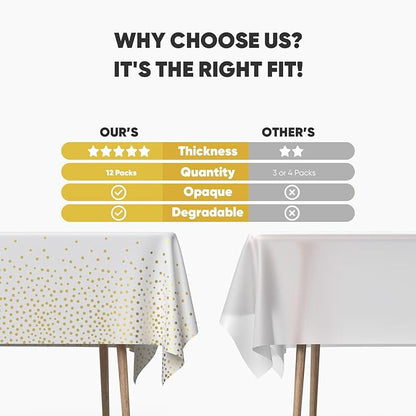 12Pack Plastic Table Cloth Disposable, 54”x108” White and Gold Table Cloths for Parties, Waterproof and Greaseproof Gold Dot Rectangles Tablecloth for Party Decorations BBQ,Wedding,Fine Dining