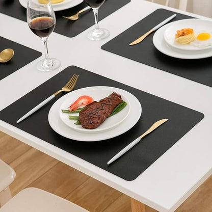 DOLOPL Black Placemats Set of 12-17"x11.8", Faux Leather Heat Resistant Table Placemat for Dining Table Protection, Waterproof Wipeable & Washable Kitchen Table Mats for Dining,Party,BBQ,Holiday