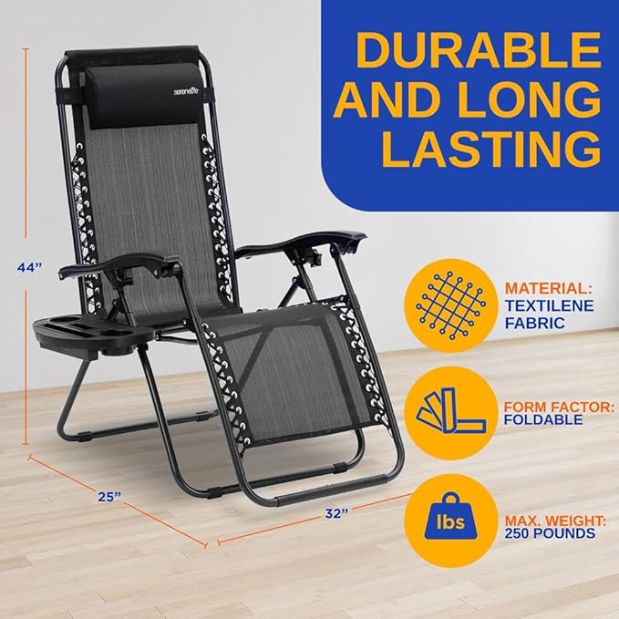SereneLife Zero Gravity Outdoor Lounge Chairs 2 Pack – Folding Recliners with Side Table, Cup Holder & Padded Headrest – Adjustable Patio Chairs for Lawn, Garden, Deck, Camping (Black)