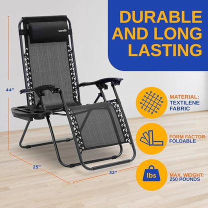 SereneLife Zero Gravity Outdoor Lounge Chairs 2 Pack – Folding Recliners with Side Table, Cup Holder & Padded Headrest – Adjustable Patio Chairs for Lawn, Garden, Deck, Camping (Black)