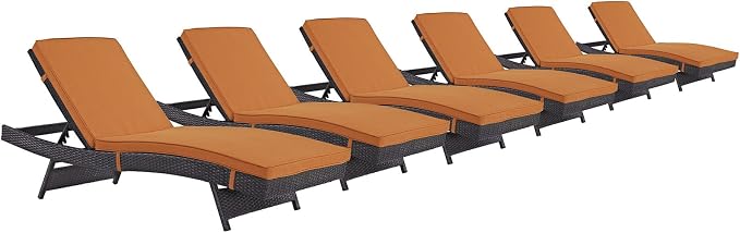 Modway Convene Wicker Rattan Outdoor Patio Chaise Lounge Chairs in Espresso Orange - Set of 6