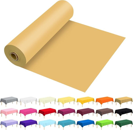 54 Inch X 100 Feet Plastic Table Cover Roll Premium Disposable Plastic Tablecloth for All Type/Shape Tables | Picnic, Party, Banquet, Birthdays, Weddings (Gold, 54 Inch X 100 Feet)