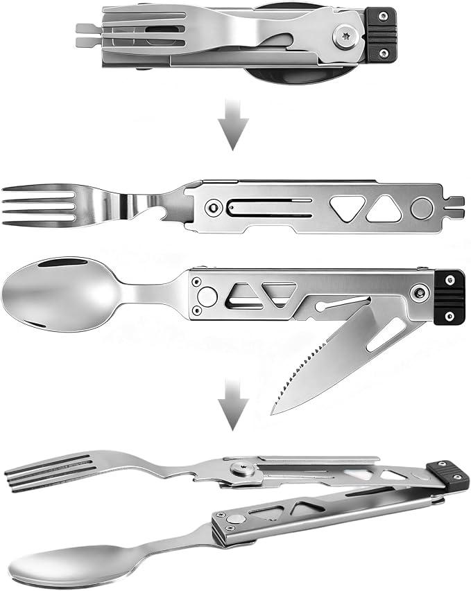 5 in 1 Detachable Camping Utensils Flatware Set, Multifunction Travel Pocket Cutlery Folding Spoon Fork Knife Grill Barbecue BBQ Tongs Bottle Opener, Portable Combo Set 420J2 Stainless Steel