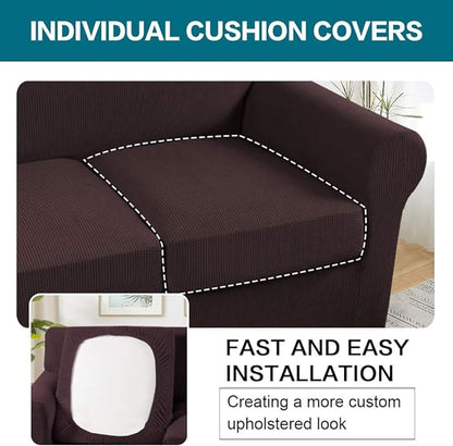 Turquoize 4 Piece Sofa Covers For 3 Cushion Couch Sofa Slipcover Soft Couch Cover For Dogs-Washable Sofa Furniture Covers With 3 Individual Cushion Covers Thick Jacquard Fabric (3 Cushion Sofa, Brown)
