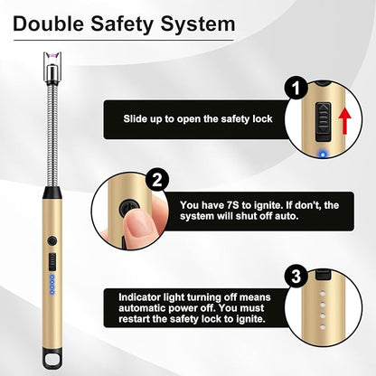 Upgraded 2 Pack Electric Candle Lighter with 360° Flexible Neck & Safety Lock, Windproof USB Rechargeable Flameless Arc Long Lighters for Grill, BBQ, Camping, Fireplace, Stove (Black & Gold)