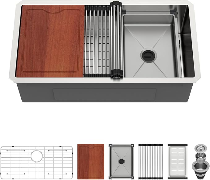 32x17 Inch Undermount Kitchen Sink with Upgraded Fast Drain & Anti-Clog All-In-One, 16 Gauge Stainless Steel Workstation Sink, Single Bowl Deep Under Counter Sink