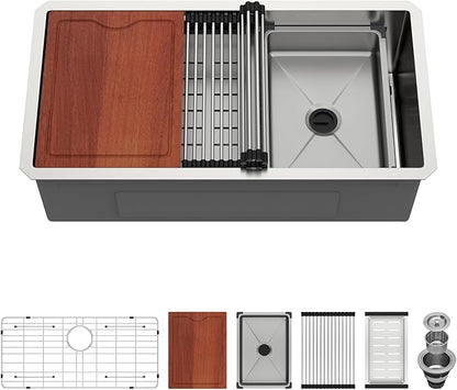 32x17 Inch Undermount Kitchen Sink with Upgraded Fast Drain & Anti-Clog All-In-One, 16 Gauge Stainless Steel Workstation Sink, Single Bowl Deep Under Counter Sink