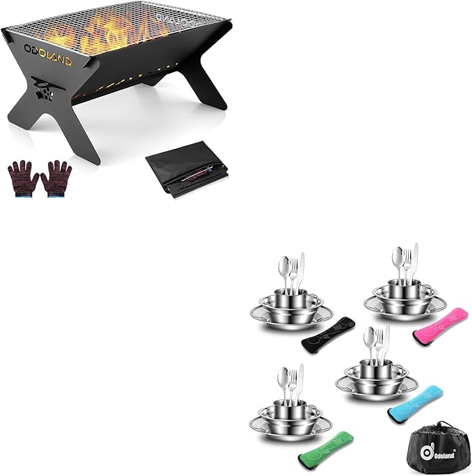 Odoland Bundle - 2 Items Camping Campfire Grill and 29pcs Stainless Steel Utensils Camping Tableware Kit