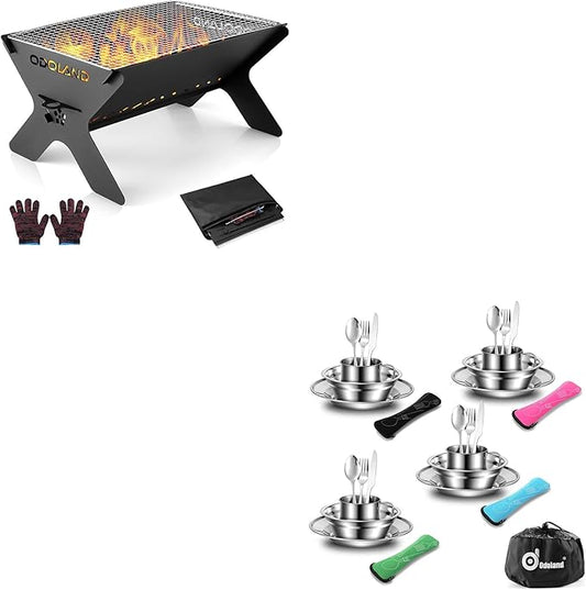 Odoland Bundle - 2 Items Camping Campfire Grill and 29pcs Stainless Steel Utensils Camping Tableware Kit