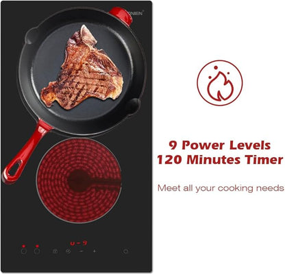 Electric Cooktop 2 Burners 220V~240V, Built-in 12 Inch Ceramic Burners, Double Glass Stove Top, Apartment Size Electric Radiant Cooktop with Hard Wire,3000W,No Plug