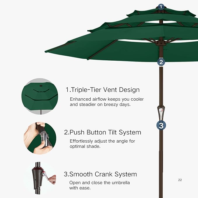 Kingdura 10ft 3-Tier Patio Umbrella, Outdoor Table Umbrella with Easy Crank & Tilt, 8 Reinforced Ribs, UV Protection for Deck, Pool, Market, Backyard (Dark green)