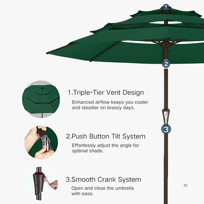 Kingdura 10ft 3-Tier Patio Umbrella, Outdoor Table Umbrella with Easy Crank & Tilt, 8 Reinforced Ribs, UV Protection for Deck, Pool, Market, Backyard (Dark green)