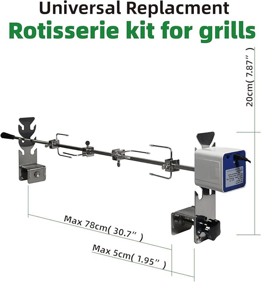 Rotisserie Kit Universal Replacement 5078a Quick Install Portable Spit Grill Outdoor Camping BBQ Three Heights Adjustable Length Cooking Tool Roaster Accessories Chicken Fork Heavy Duty Motor DC 5V