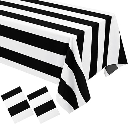 2 Pack Black and White Striped Tablecloth Rectangle 60x84inch Polyester Fabric Washable Table Cloth for Afternoon Tea Table Birthday Party Picnic Barbecue Gathering Indoor Outdoor Dining Table Decor