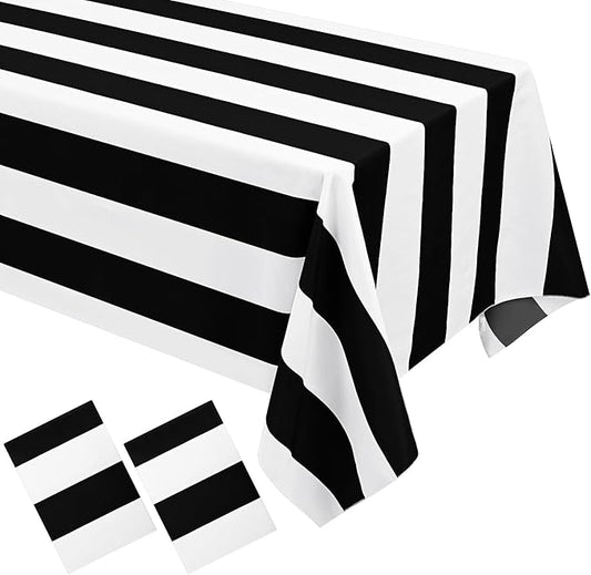 2 Pack-54x108inch Black and White Striped Rectangular Polyester Fabric Tablecloth for Indoor/Outdoor Dining, Party, Picnic, Barbecue, Gathering