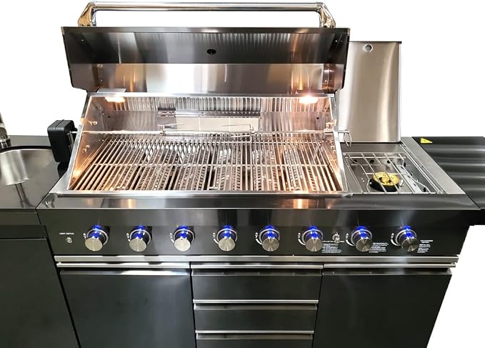 3 Piece 10' Foot Modular Marble Top Black Stainless Steel Outdoor BBQ Kitchen Island Grill, Propane or Natural Gas, with Refrigerator and Sink Modules, 3PMGB