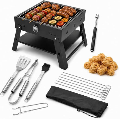 Small Portable BBQ Charcoal Grill: Mini Foldable Table Top Barbecue Grills with Fire Starter Kit and BBQ Grilling Tool Set, Fathers Day Birthday Grilling Gift for Men Dad Husband
