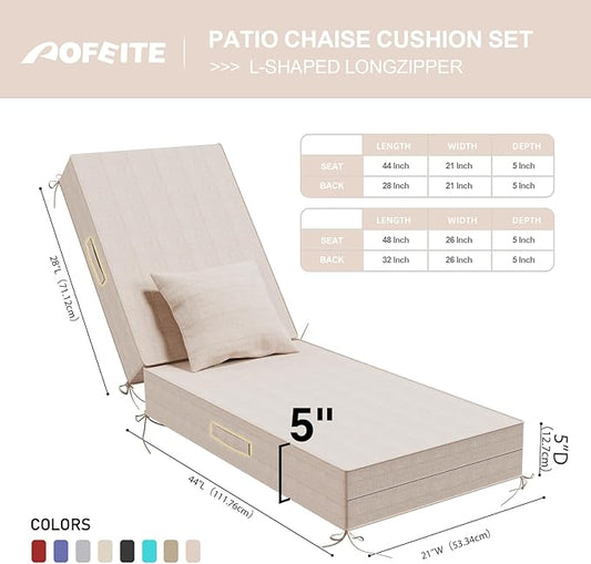 Outdoor Water-Resistant Olefin Chaise Lounge Cushions with Pillow, Weather and Fade Resistant Patio Furniture Lounge Chair Cushion Ideal for Patio, Lawn, Garden, Light Beige, 72"L x 21"W x 5"T