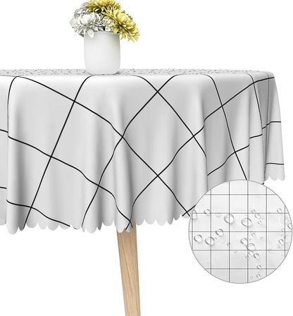 White Check Round Tablecloth 60x60 Inch Classic Stripes Table Cloth Dust-Proof Circle Table Cover Protector for Home Restaurant Picnic Camping BBQ Waterproof Resistant Polyester Tablecloths