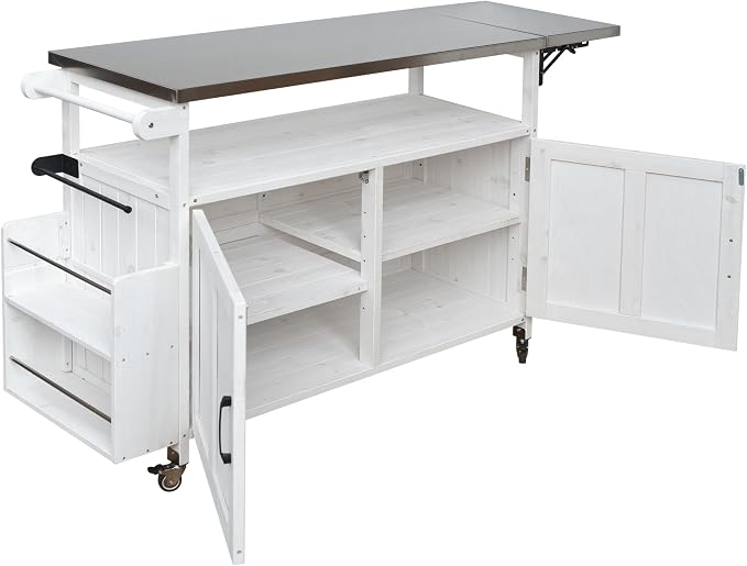 JIVOIT Outdoor Fir Wood Kitchen Island with Foldable Stainless Steel Top, Patio Mobile Kitchen Cart Portable Outdoor Cooking Island with Lockable Wheels, Storage Cabinet and Towel Rack (White/124)