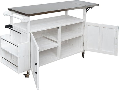 JIVOIT Outdoor Fir Wood Kitchen Island with Foldable Stainless Steel Top, Patio Mobile Kitchen Cart Portable Outdoor Cooking Island with Lockable Wheels, Storage Cabinet and Towel Rack (White/124)