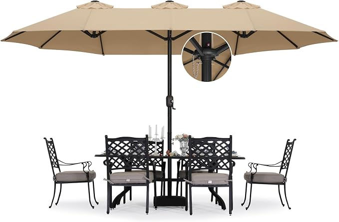 ABCCANOPY 15FT Double-Sided Rectangle Patio Umbrella with Base, Khaki | Rectangular Outdoor Table Umbrella with Crank, Heavy Duty Market Umbrella Shade for Garden,Poolside, Lawn, Backyard
