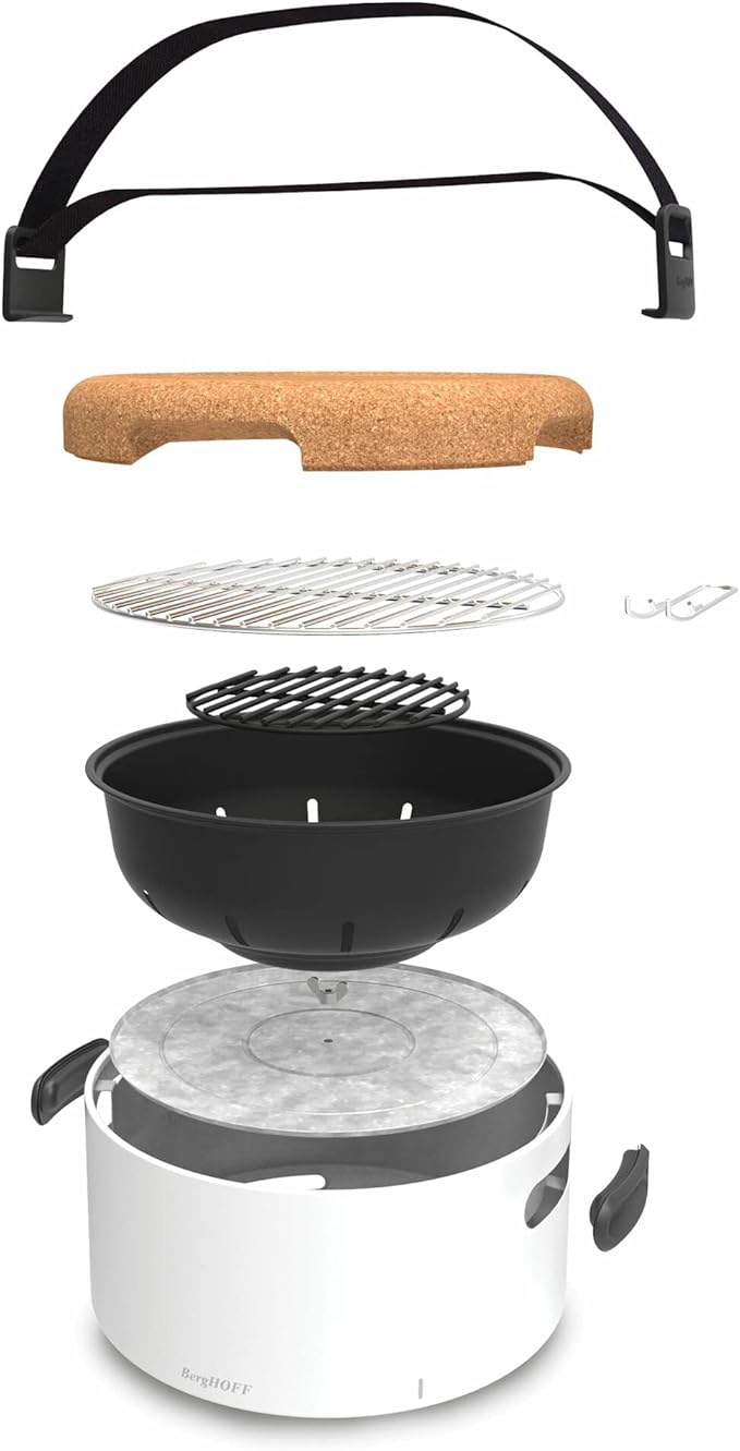 BergHOFF LEO Portable Tabletop BBQ Grill To-go grill with Heat Resistant Base Easy-carry strap & detachable handles, Removable elements, Adjustable airflow, 13.75", White