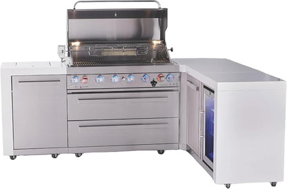 Mont Alpi Deluxe 94"W x 75"D x 46"H Stainless Steel L-shaped Modular Outdoor Kitchen Island with Refrigerator + 44"W 6-Burner BBQ Grill + Granite Countertops + Storage Cabinets + Rotisserie + Cover