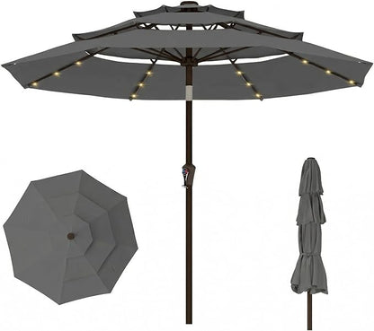 10ft 3-Tier Patio Umbrella with 32 Solar Powered LED Lights, Windproof Outdoor Market Umbrella for Deck, Poolside & Garden, Sturdy Push-Button Tilt Table Umbrella, Gray