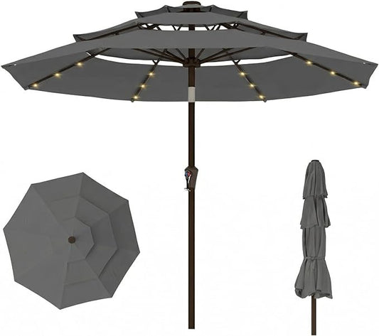 10ft 3-Tier Patio Umbrella with 32 Solar Powered LED Lights, Windproof Outdoor Market Umbrella for Deck, Poolside & Garden, Sturdy Push-Button Tilt Table Umbrella, Gray