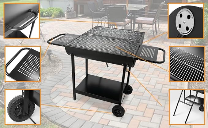 Double Charcoal Barrel Grill with Two Side Shelf, Stainless Steel Heavy Duty Grill For Outdoor Camping Backyard Picnic Party