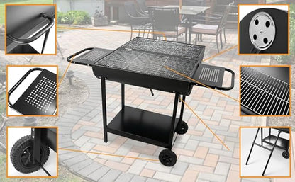 Double Charcoal Barrel Grill with Two Side Shelf, Stainless Steel Heavy Duty Grill For Outdoor Camping Backyard Picnic Party